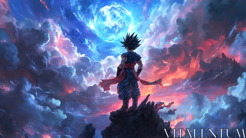 Anime warrior silhouetted against cosmic storm sky panorama