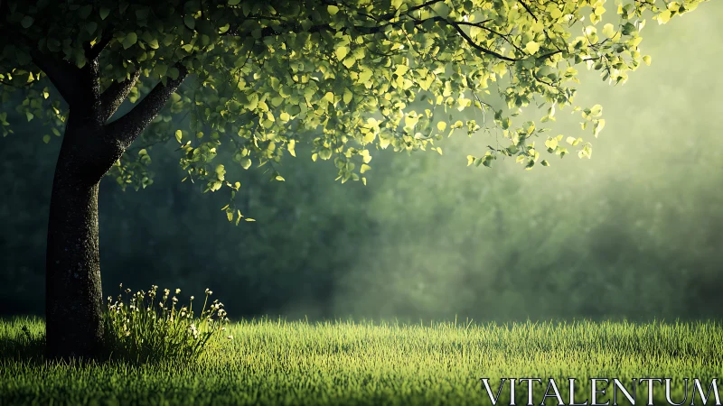 Sunlight intersects tree canopy and grass in controlled scene