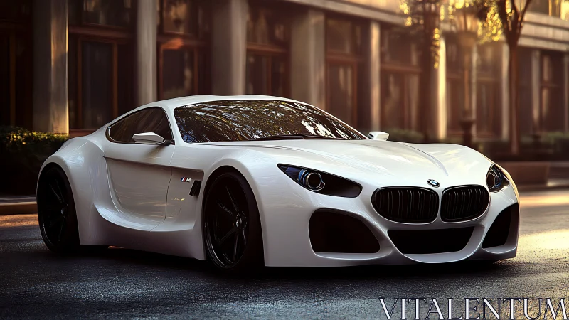 White BMW sports coupe stands on city street in soft daylight