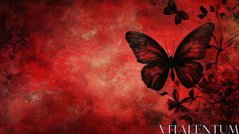 Butterfly silhouettes on textured red abstract ground.