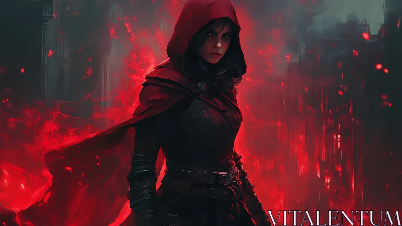 Hooded female figure stands in red illuminated urban scene