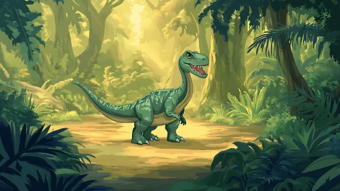 Cartoon theropod dinosaur in backlit tropical forest clearing