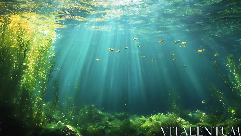 Sunlit underwater scene with seaweed and small fish schools.