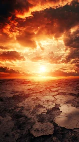 Burning sunset over cracked barren desert ground.