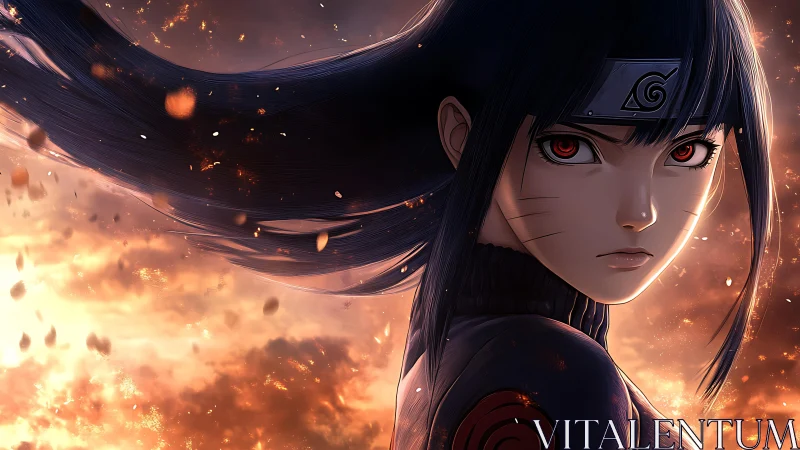 Flames curl behind the kunoichi as her crimson gaze hardens