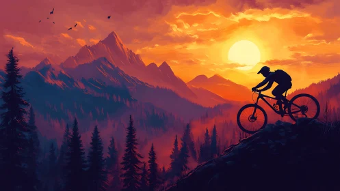 Mountain Cyclist Silhouette at Golden Sunset Over Alpine Landscape.