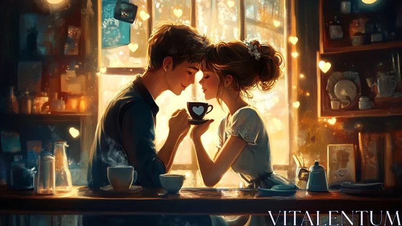 Two figures sharing beverage in warm interior setting.