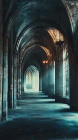 Gothic stone corridor holds cold light and distant doorway
