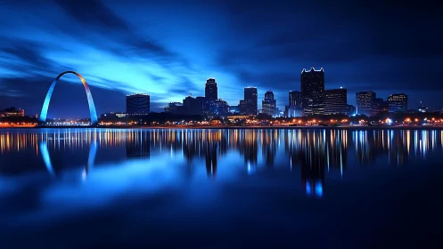 Glowing city skyline and arch reflected in calm blue water.