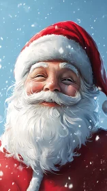 Smiling Santa Claus in snowfall against clear blue sky.