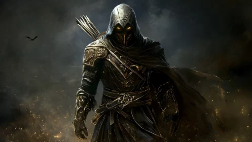 Mysterious hooded ranger strides through swirling embers.