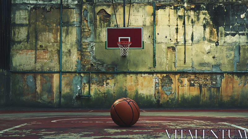 Outdoor basketball court with worn wall and lone ball.