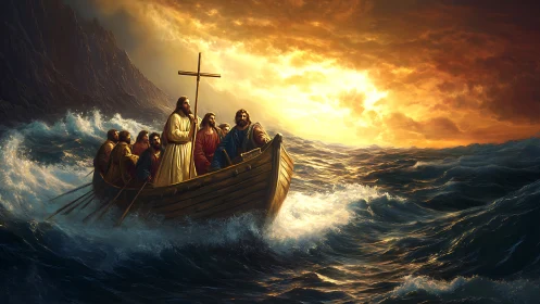 Stormlit disciples in a small boat chasing the golden dawn.