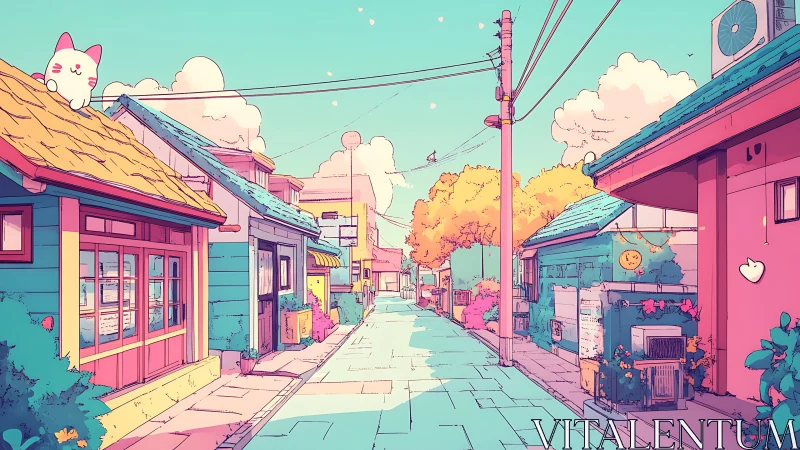 Colorful anime street with pastel houses and clear sky.