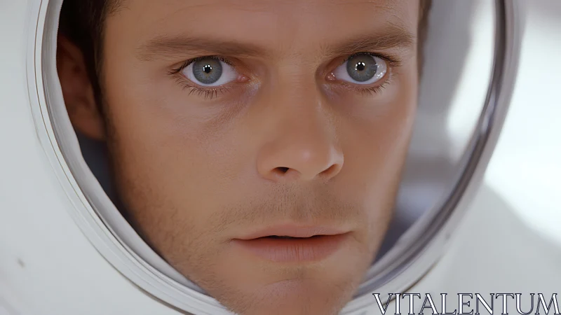 Steady gaze of a focused astronaut fills the glowing helmet frame