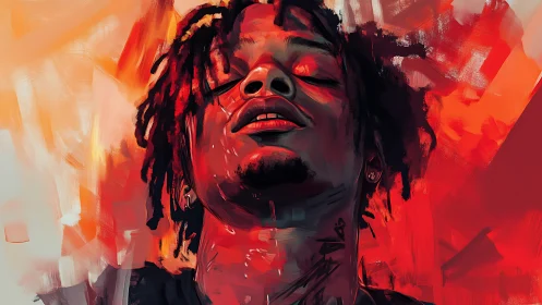 Digital portrait shows male head in close-up against red field