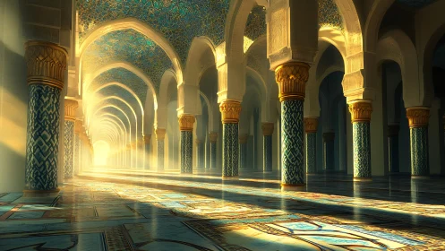 Golden light through ornate arches in a tranquil hall.