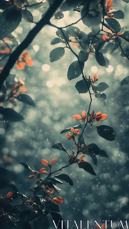 Rainlit blossom boughs drift through a dream-soaked forest.