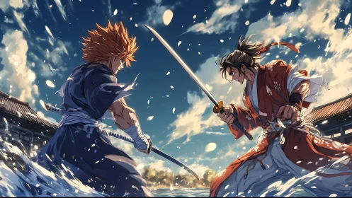 Samurai water clash carves bright streaks across the sky