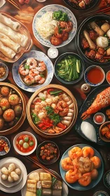 Overhead dim sum banquet rendered with high-saturation digital painting