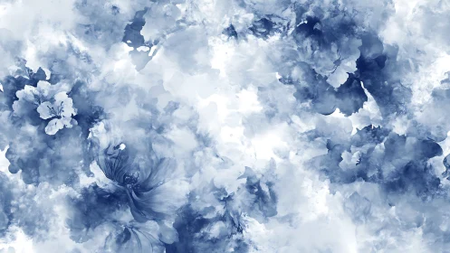 Indigo watercolor floral field with diffuse cloud layering.