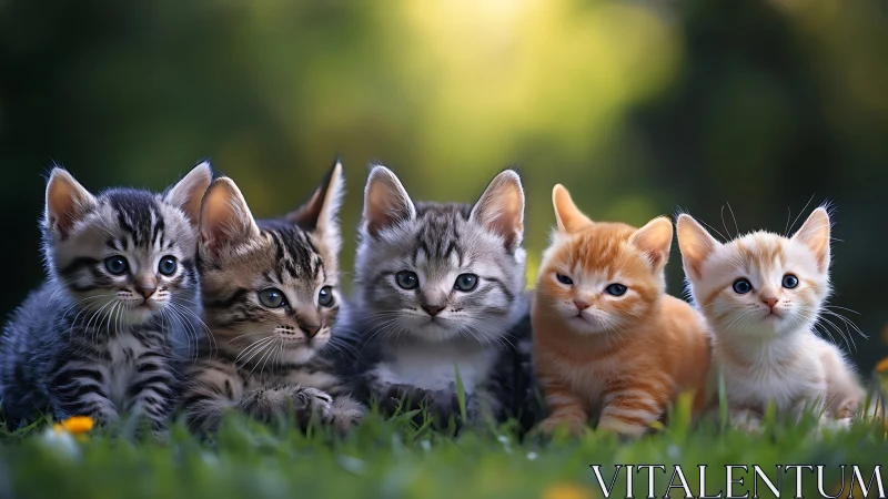 Five Kittens Grouped on Green Grass.