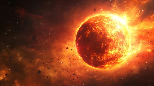 Molten star amid drifting space debris in fiery orbit.