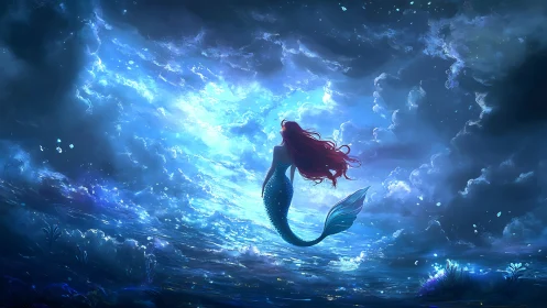 Backlit mermaid silhouette under luminous volumetric ocean sky