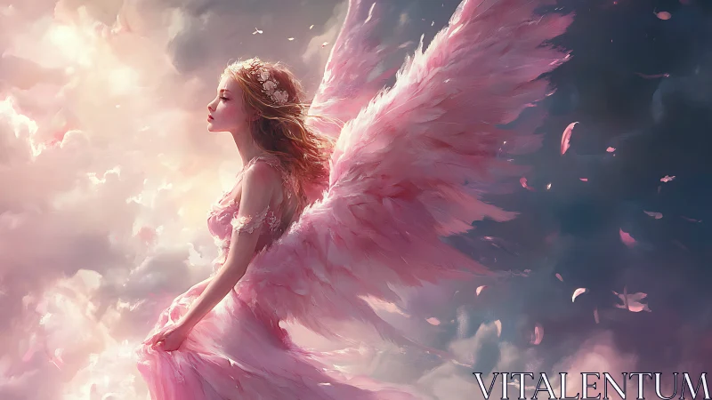 Rose-feathered seraph glides through storm-softened dawn skies