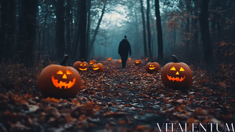 Moody forest path with carved jack o lanterns and lone walker