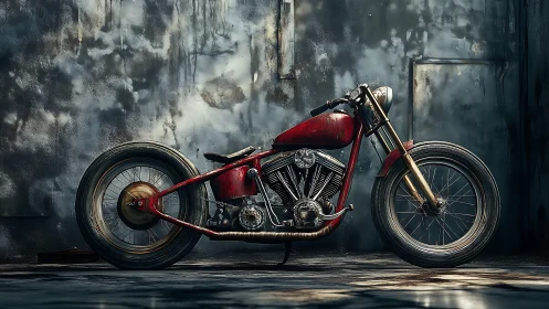 Red vintage bobber motorcycle in weathered urban setting.