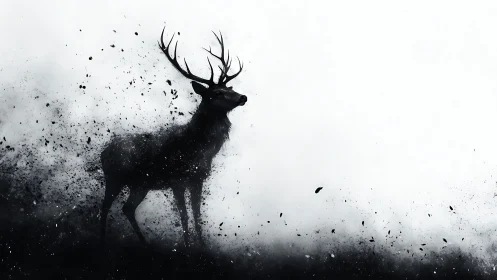 Stag silhouette dissolves into monochrome particle storm.