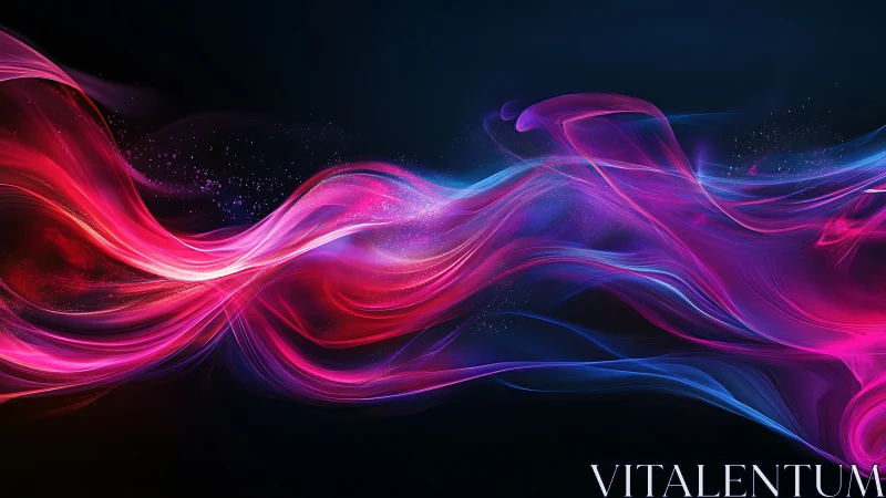 Luminescent magenta and blue light waves flow through darkness.