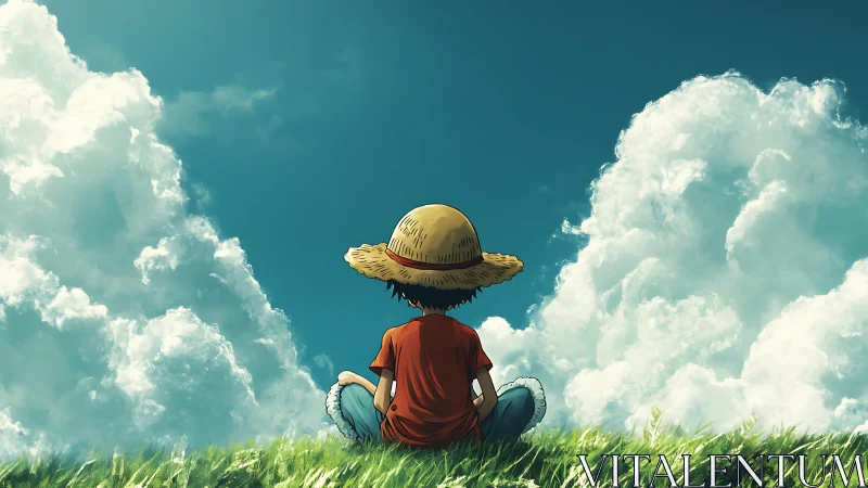 Boy in straw hat watches towering summer clouds over meadow