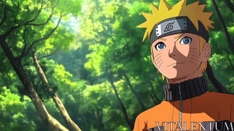 Anime character portrait in sunlit forest environment design.