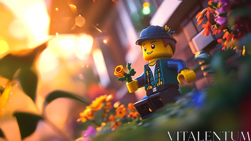 LEGO gardener strolls through glowing sunset garden scene.