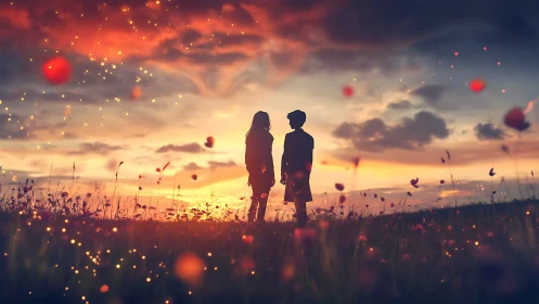 Silhouetted Figures Against Golden Hour Sunset Landscape with Ethereal Particle Effects