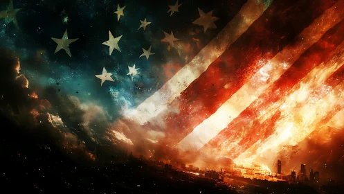 American Flag Engulfed in Cosmic Fire and Destruction.