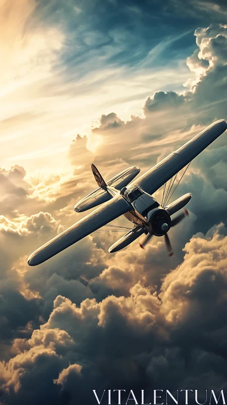 Vintage biplane climbs through volumetric sunset cloud layers