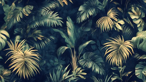 Moody tropical foliage pattern with layered palm leaves.
