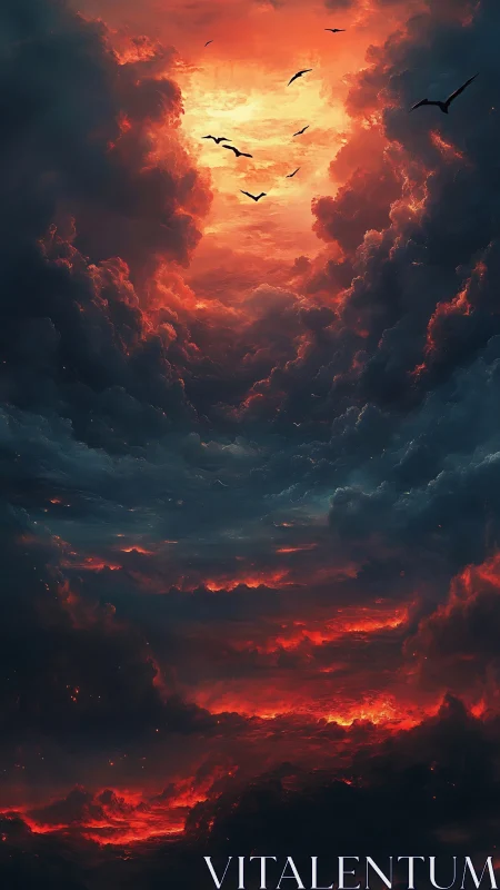 Vertical cloudscape with intense red light and distant birds.