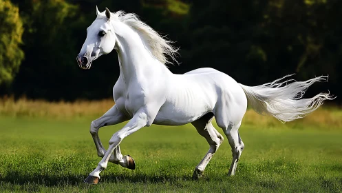 White horse in motion across green grass field outdoors.