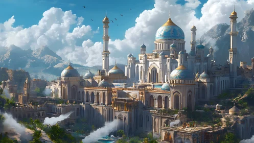 Vast domed palace city in bright mountain valley.