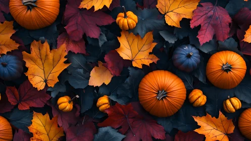 Pumpkins and autumn maple leaves in dense overhead arrangement.