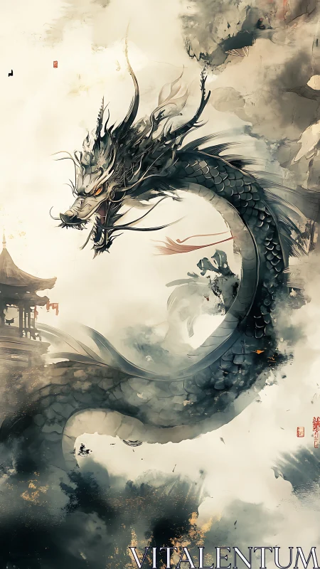 Mythic eastern dragon coils through ink-lit storm clouds.