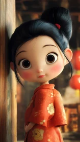 Young girl in orange kimono with large expressive eyes.