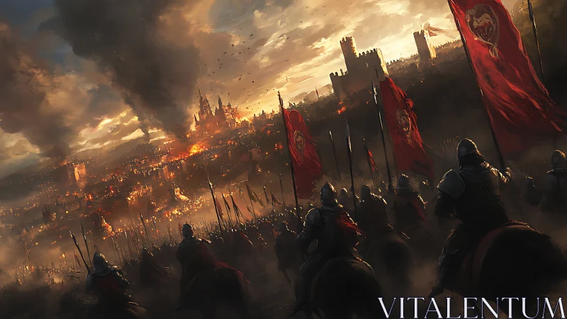 Knights on horseback ride toward a burning medieval city.