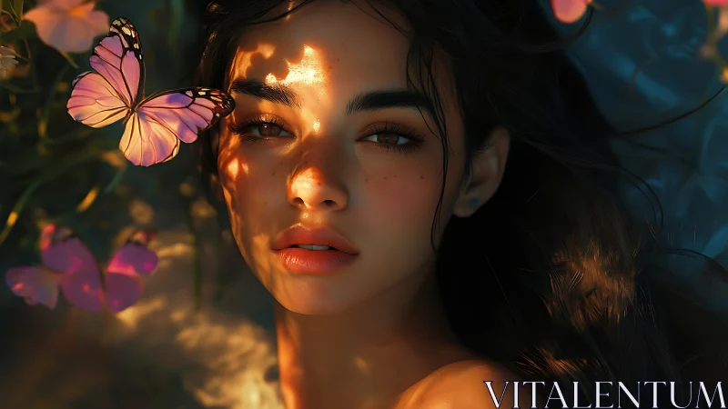 Young woman with butterflies in warm dappled sunset light.