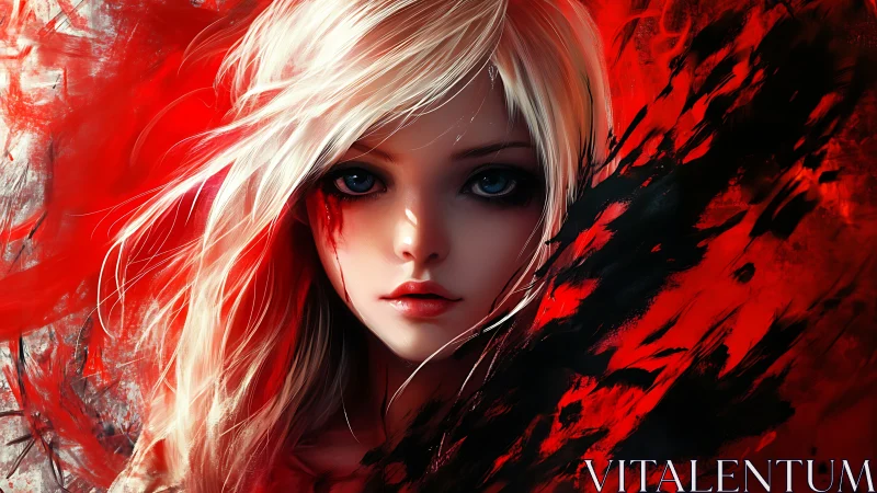 Scarlet-eyed dreamer caught between brushstroke storms.