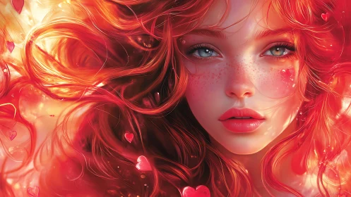 Luminous Passion Ignites: Red-Haired Dreamer Engulfed in Radiant Hearts